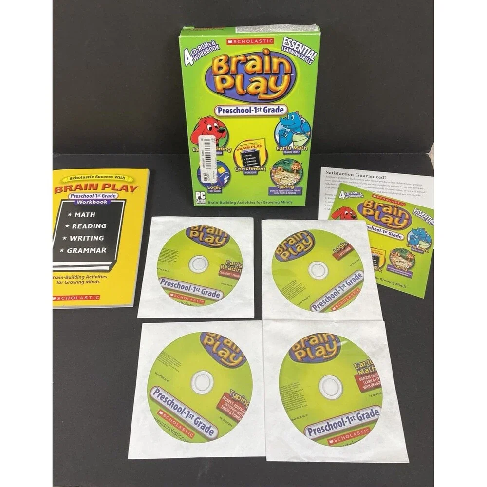 Scholastic Brain Play Preschool-1st Grade PC 4 CD-Rom Math/Reading/Logic/Typing
